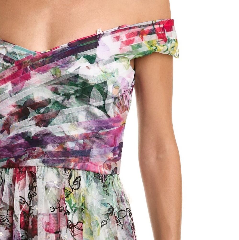 MARCHESA Off-the-shoulder pintucked floral-print tulle gown - Picture 5 of 7
